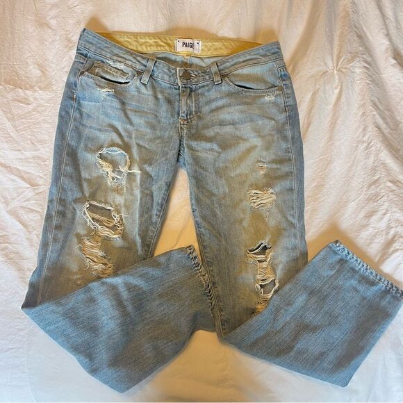 PAIGE Jimmy Jimmy Crop Light Blue Distressed Straight Leg Jeans - Picture 1 of 5